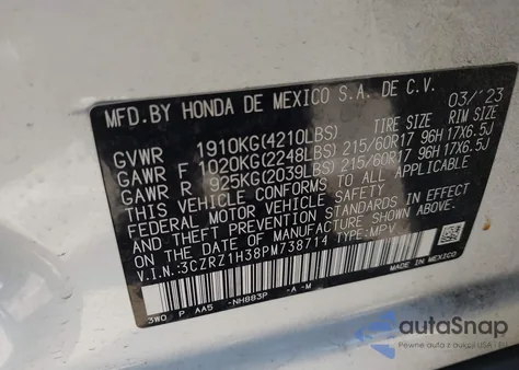 2023 Honda Hr-V 2Wd Lx z USA, uszkodzony, nr VIN 3CZRZ1H38PM738714